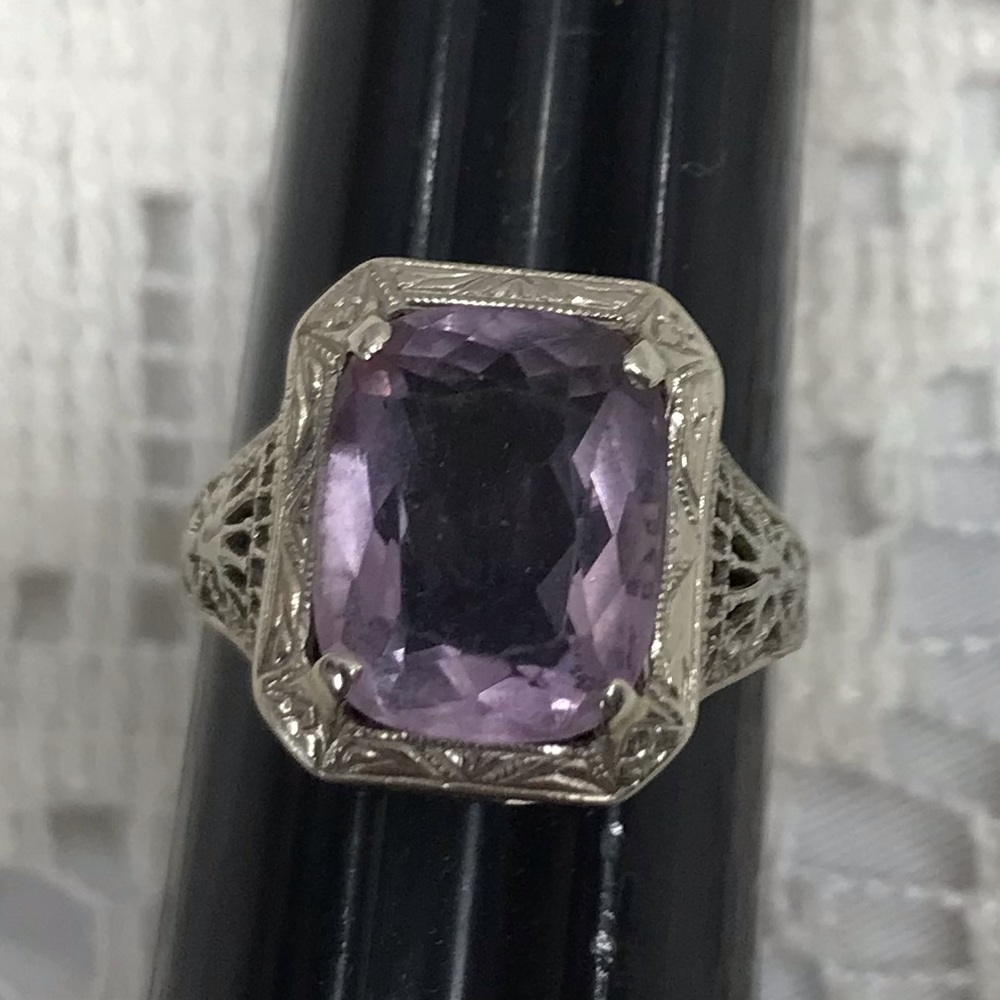 14k Antique Estate Filigree Art Deco Amethyst GENUINE White Gold & Stone Ring